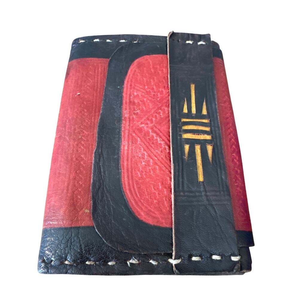 Handmade, leather, embossed, dyed stitched wallet unique red